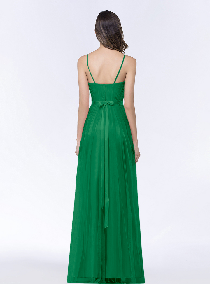 A-line Sweetheart Tulle Chiffon Floor-Length Dress with Spaghetti Straps-koscy