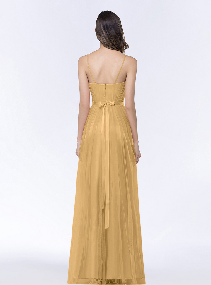 A-line Sweetheart Tulle Chiffon Floor-Length Dress with Spaghetti Straps-koscy