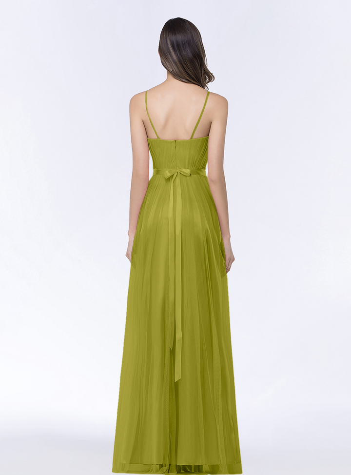 A-line Sweetheart Tulle Chiffon Floor-Length Dress with Spaghetti Straps-koscy