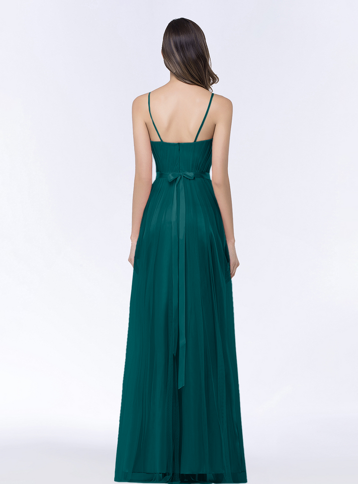 A-line Sweetheart Tulle Chiffon Floor-Length Dress with Spaghetti Straps-koscy