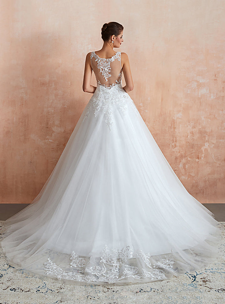 A-line Tulle Sleeveless Cathedral Train Dress with Appliques-koscy