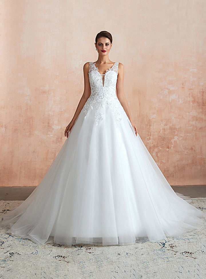 A-line Tulle Sleeveless Cathedral Train Dress with Appliques-koscy