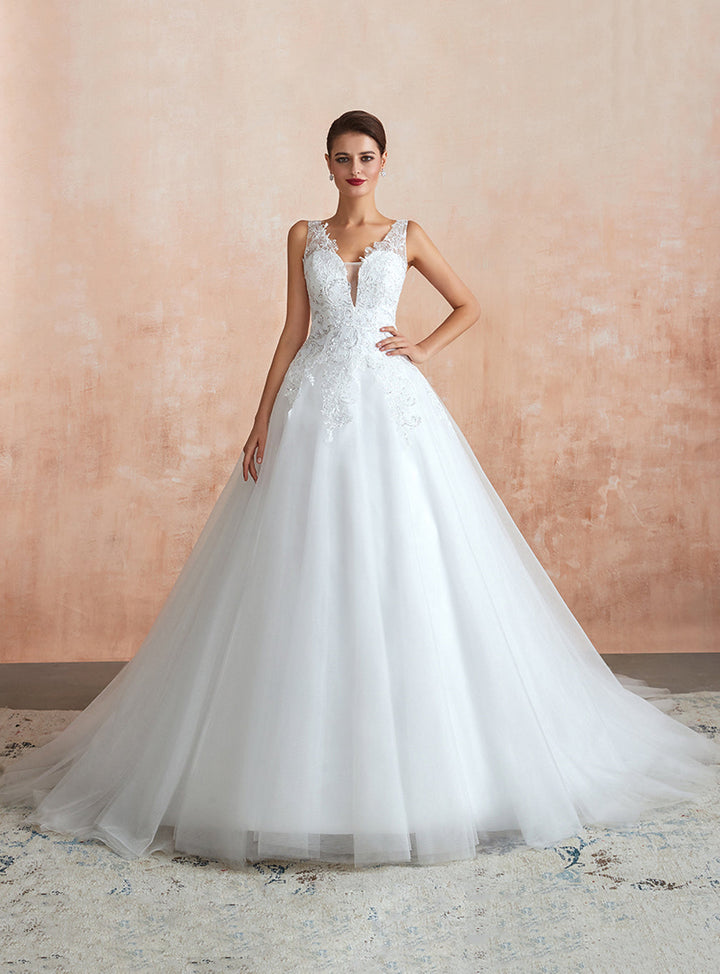 A-line Tulle Sleeveless Cathedral Train Dress with Appliques-koscy