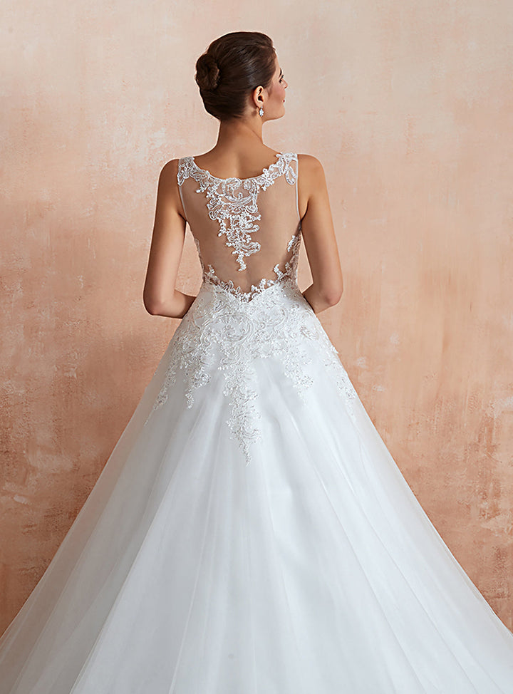 A-line Tulle Sleeveless Cathedral Train Dress with Appliques-koscy