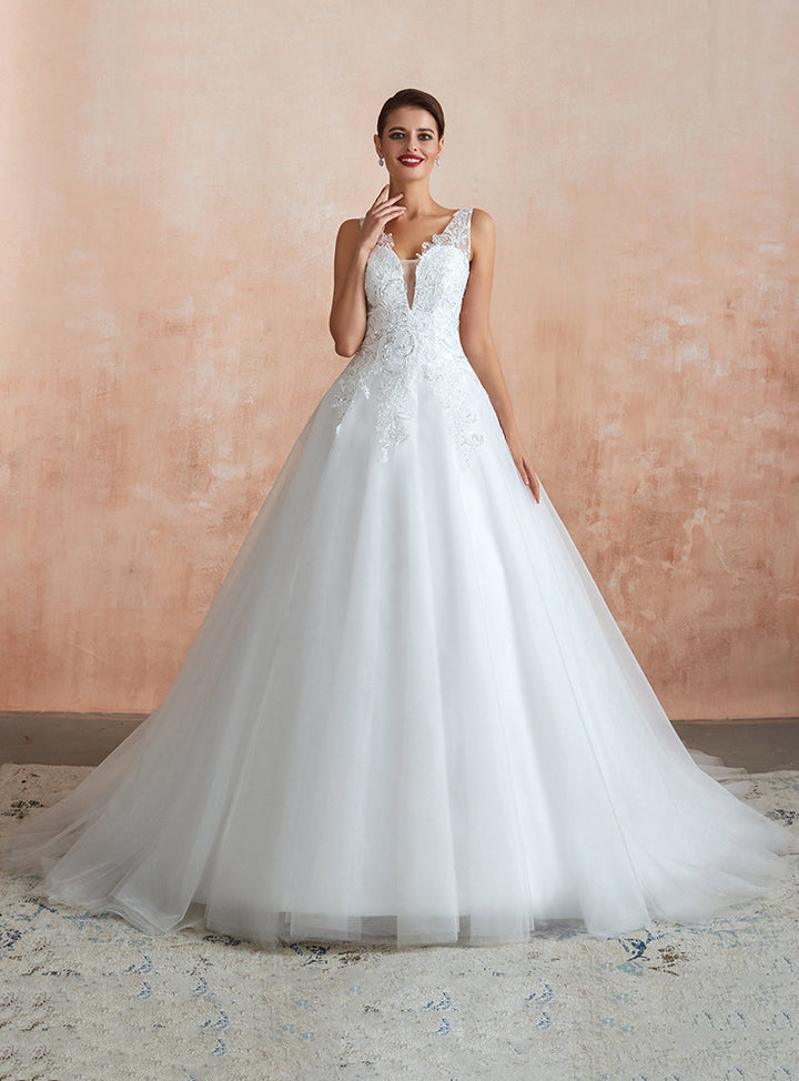 A-line Tulle Sleeveless Cathedral Train Dress with Appliques-koscy