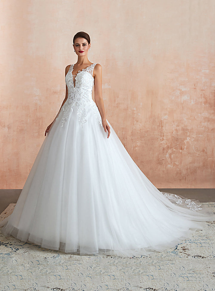 A-line Tulle Sleeveless Cathedral Train Dress with Appliques-koscy