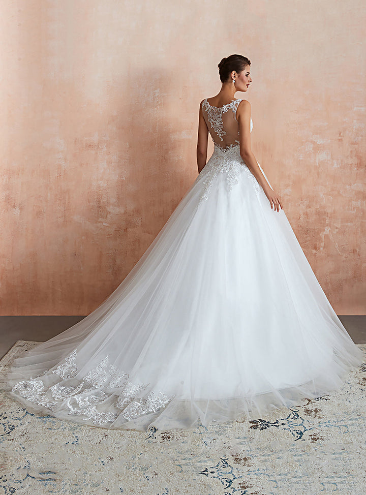 A-line Tulle Sleeveless Cathedral Train Dress with Appliques-koscy