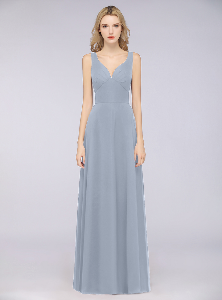 A-line V-Neck Chiffon Floor-Length Dress-koscy