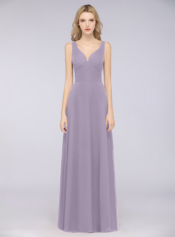 A-line V-Neck Chiffon Floor-Length Dress-koscy