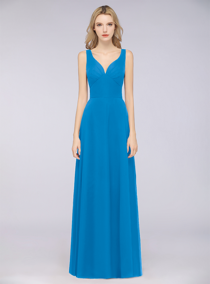 A-line V-Neck Chiffon Floor-Length Dress-koscy