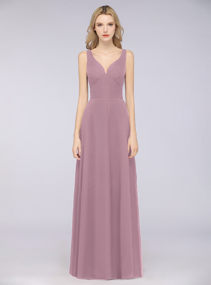 A-line V-Neck Chiffon Floor-Length Dress-koscy