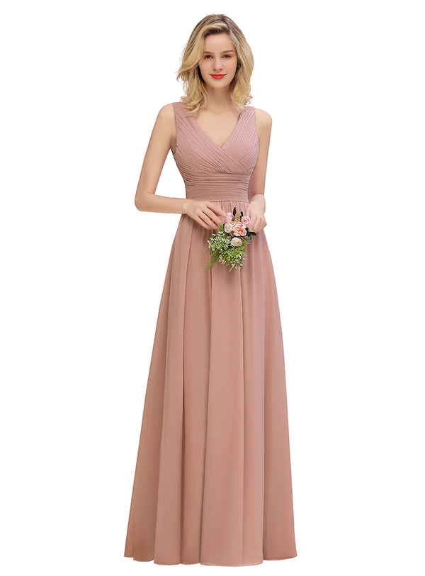 A-Line V-Neck Chiffon Floor-Length Dress-koscy