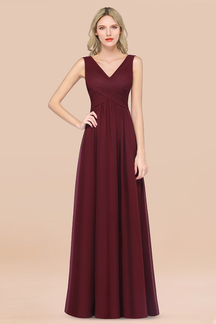 A-line V-Neck Chiffon Floor-Length Dress Burgundy-koscy