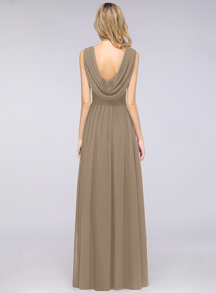 A-line V-Neck Chiffon Floor-Length Dress Burgundy-koscy