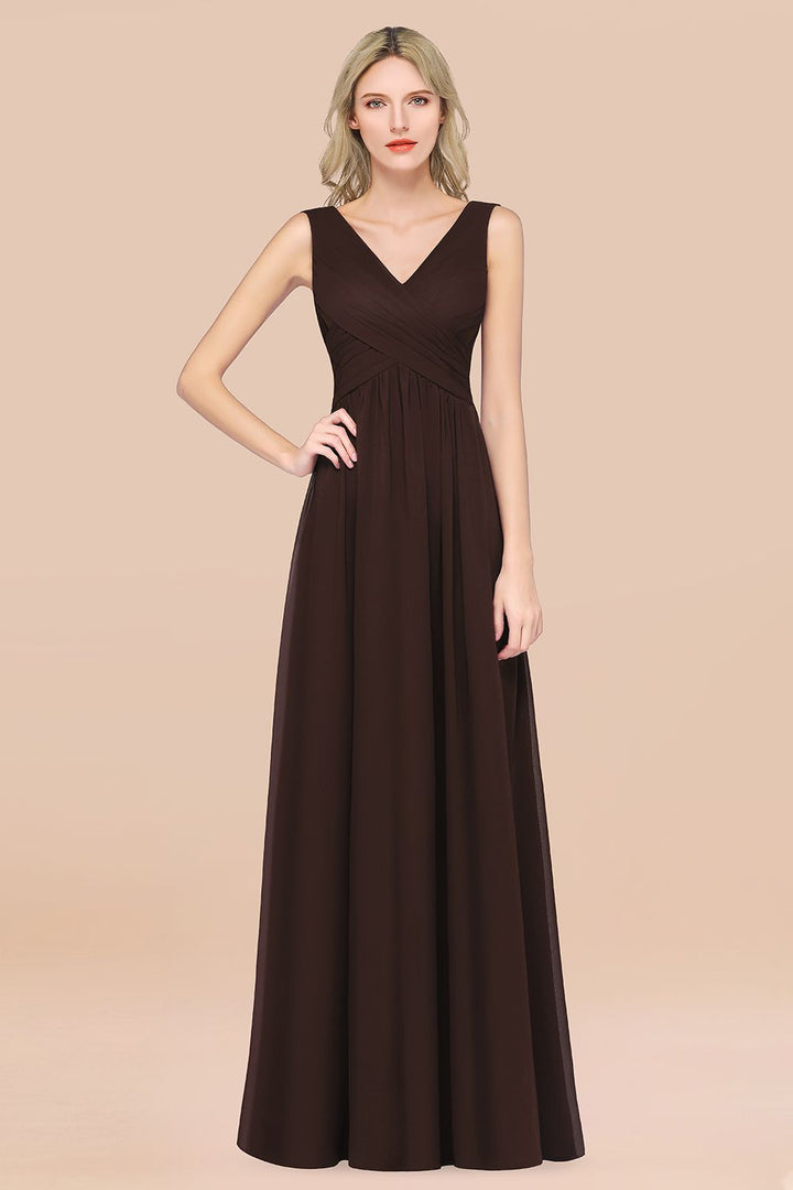 A-line V-Neck Chiffon Floor-Length Dress Burgundy-koscy