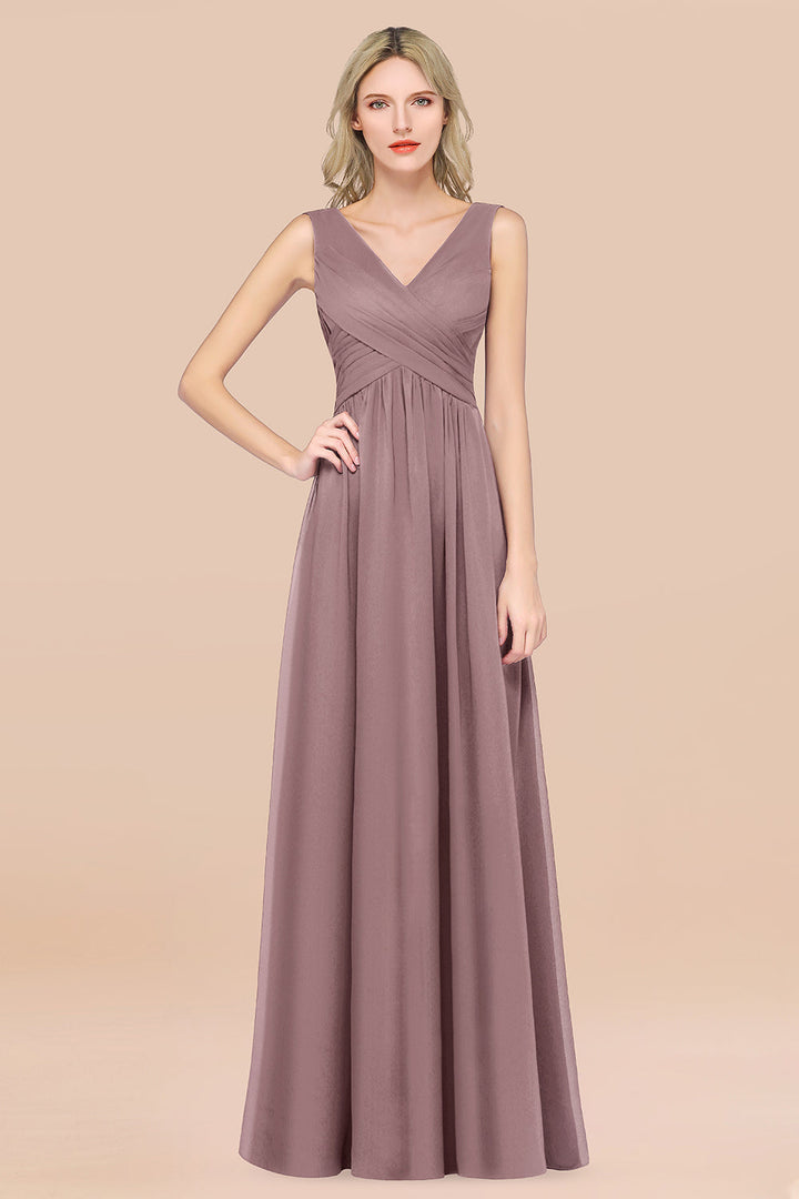 A-line V-Neck Chiffon Floor-Length Dress Burgundy-koscy