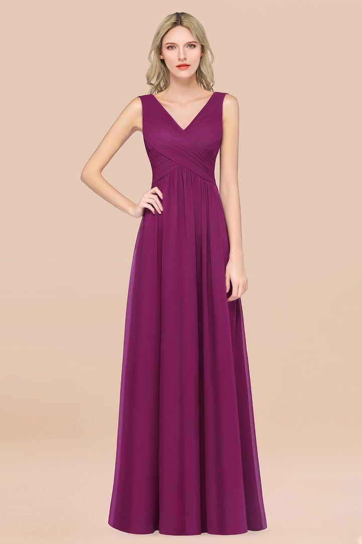 A-line V-Neck Chiffon Floor-Length Dress Burgundy-koscy