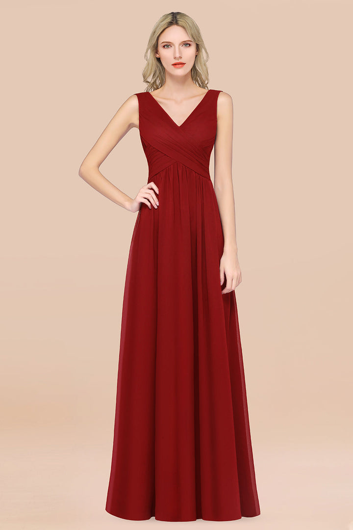 A-line V-Neck Chiffon Floor-Length Dress Burgundy-koscy