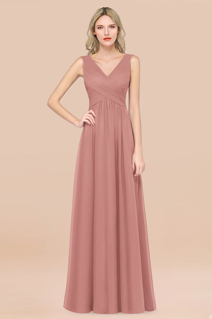 A-line V-Neck Chiffon Floor-Length Dress Burgundy-koscy