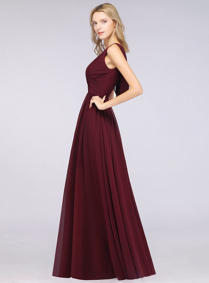 A-line V-Neck Chiffon Floor-Length Dress Burgundy-koscy