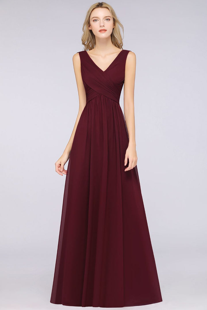 A-line V-Neck Chiffon Floor-Length Dress Burgundy-koscy