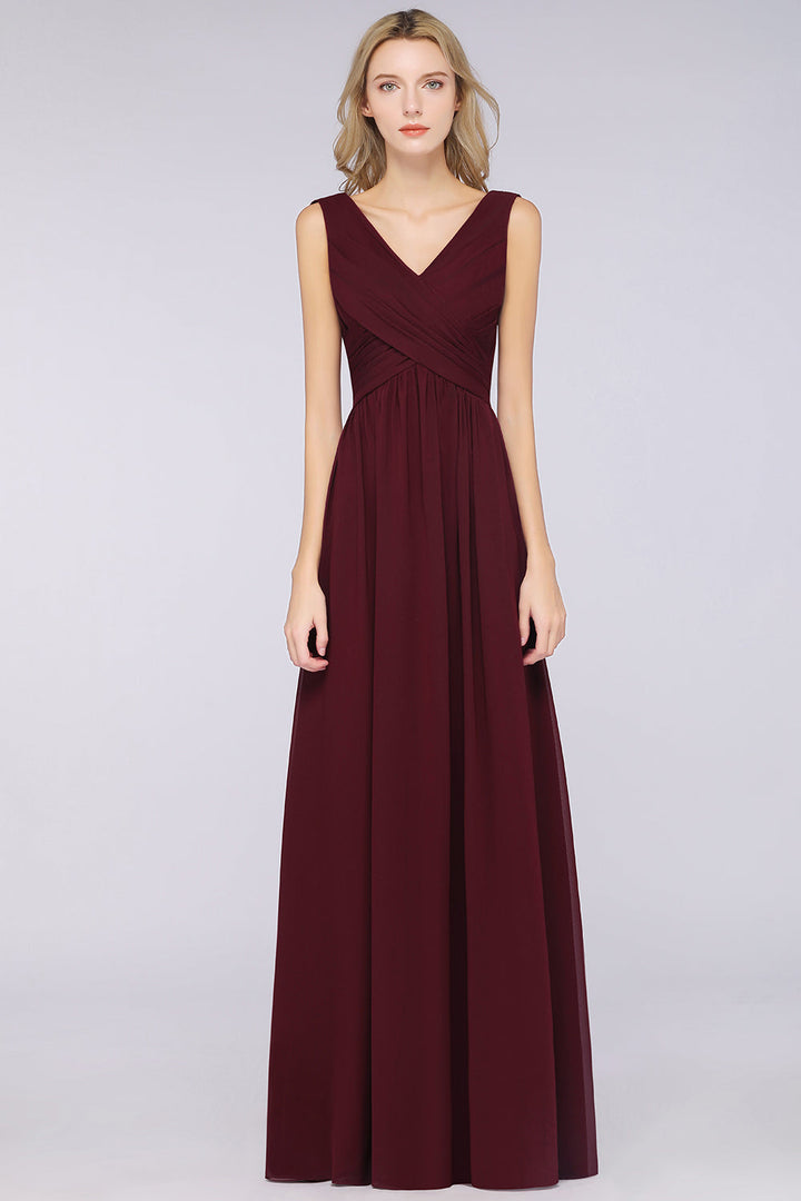 A-line V-Neck Chiffon Floor-Length Dress Burgundy-koscy