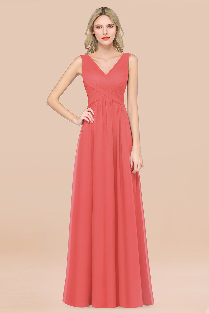 A-line V-Neck Chiffon Floor-Length Dress Burgundy-koscy