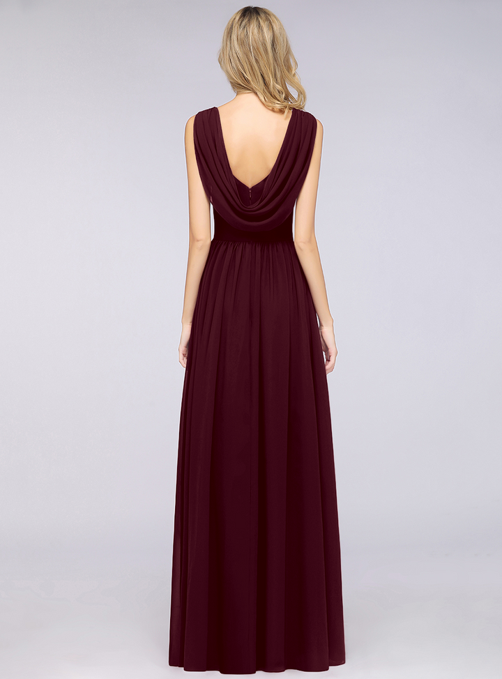 A-line V-Neck Chiffon Floor-Length Dress Burgundy-koscy