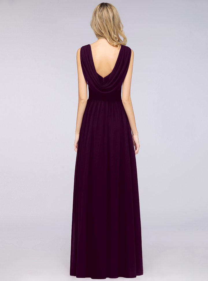 A-line V-Neck Chiffon Floor-Length Dress Burgundy-koscy