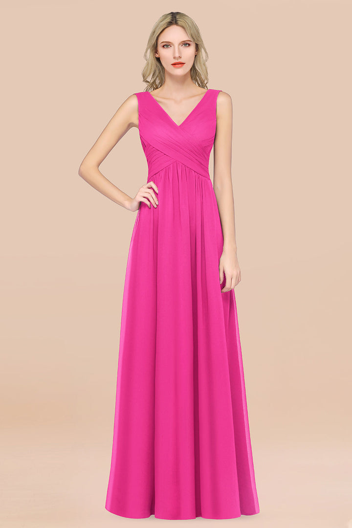 A-line V-Neck Chiffon Floor-Length Dress Burgundy-koscy