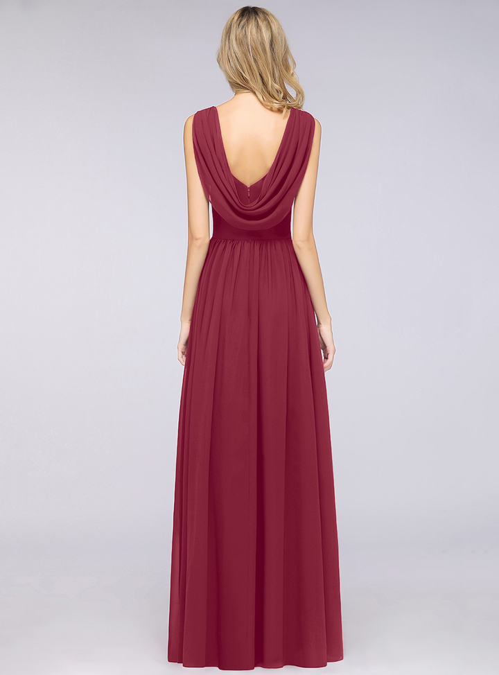 A-line V-Neck Chiffon Floor-Length Dress Burgundy-koscy