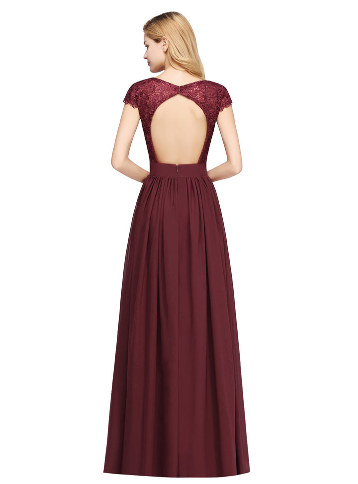 A-line V-Neck Chiffon Floor-Length Dress Burgundy with Lace Appliques-koscy