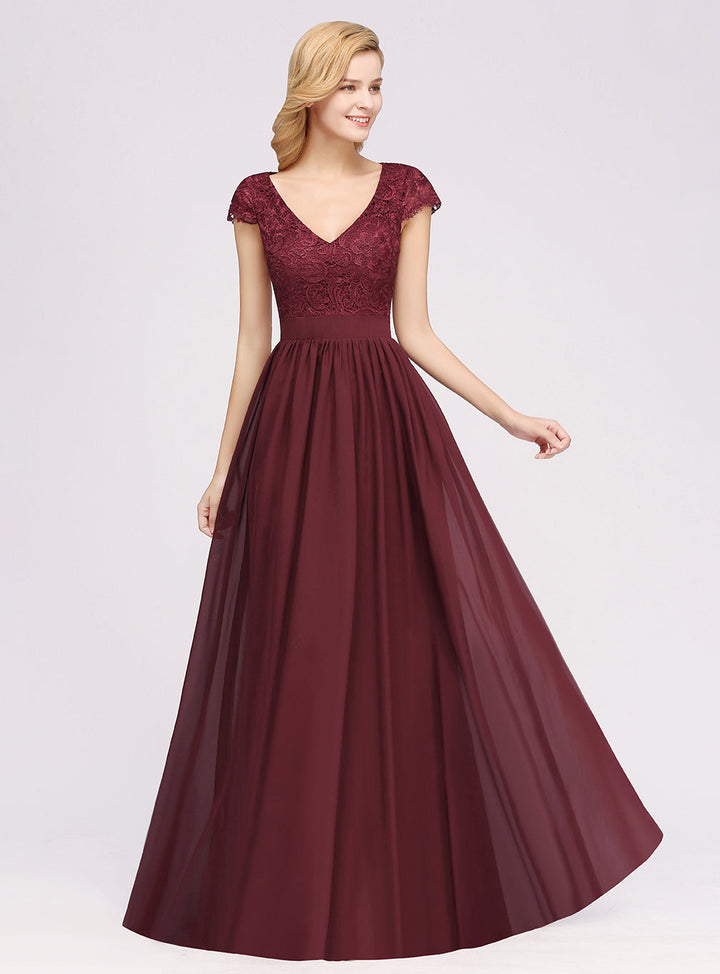 A-line V-Neck Chiffon Floor-Length Dress Burgundy with Lace Appliques-koscy