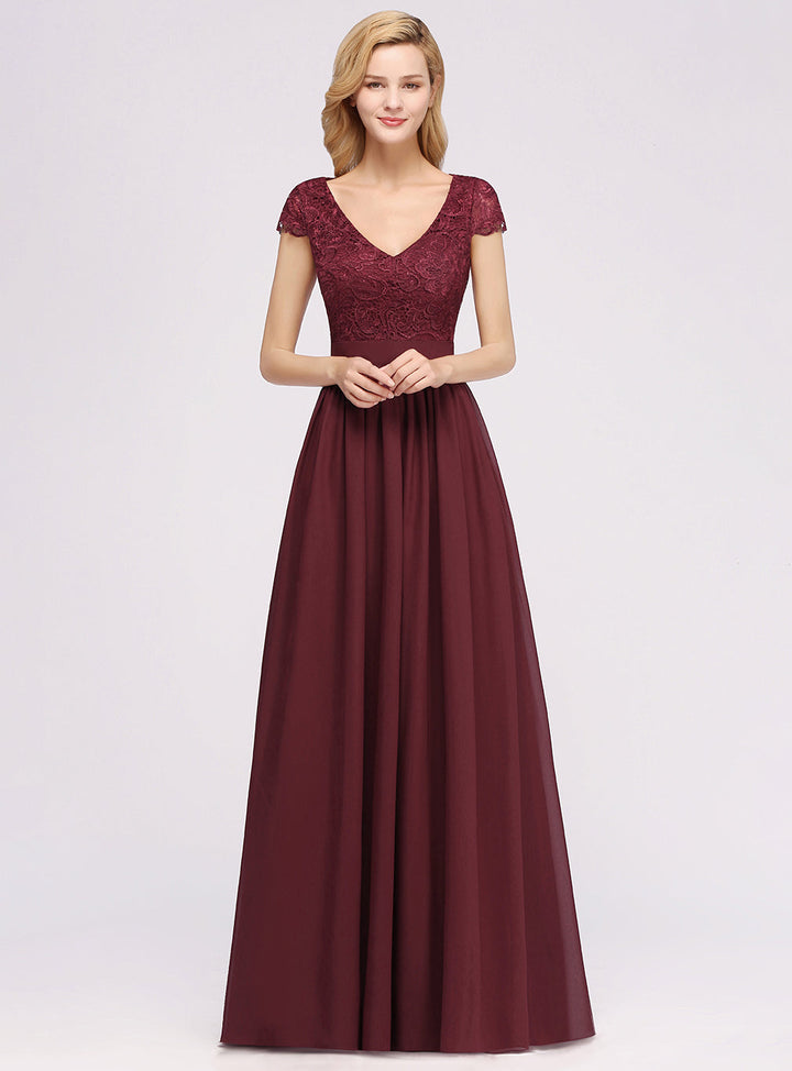 A-line V-Neck Chiffon Floor-Length Dress Burgundy with Lace Appliques-koscy