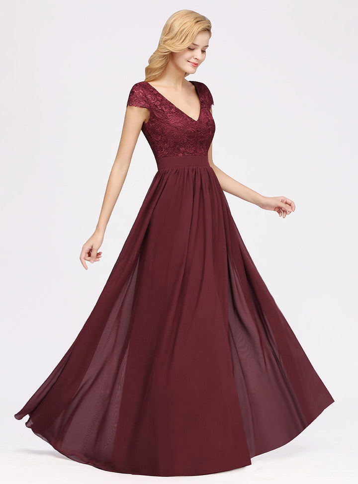 A-line V-Neck Chiffon Floor-Length Dress Burgundy with Lace Appliques-koscy