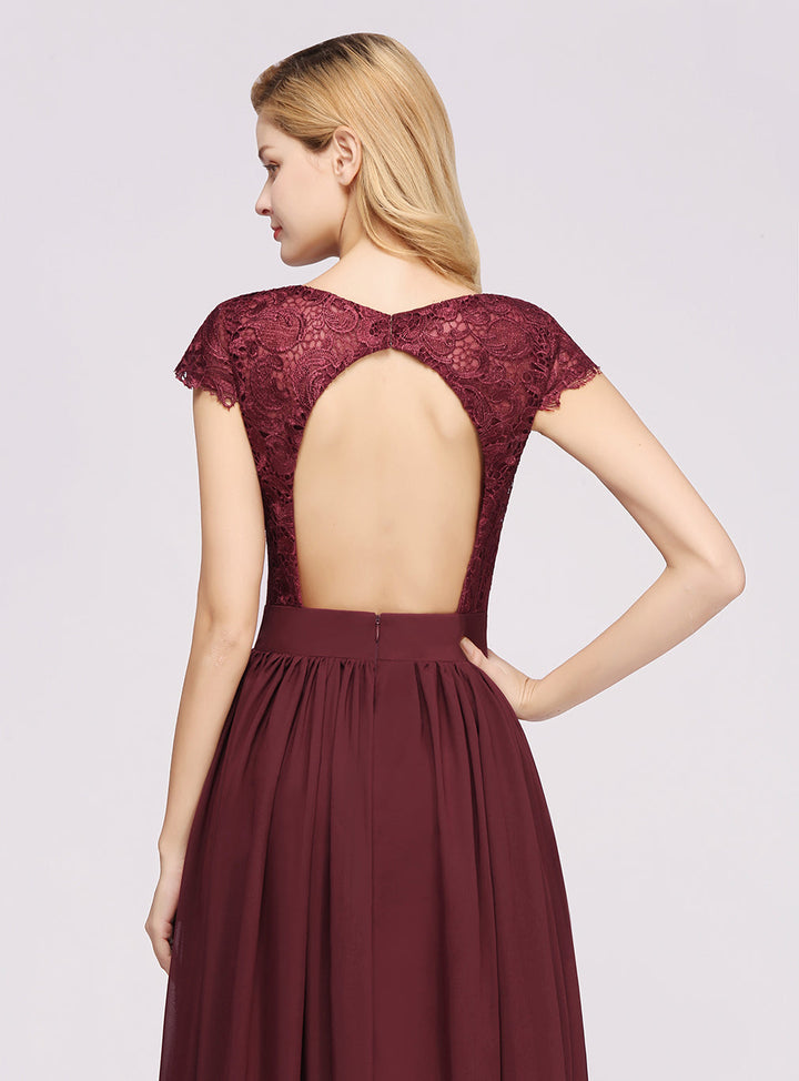 A-line V-Neck Chiffon Floor-Length Dress Burgundy with Lace Appliques-koscy