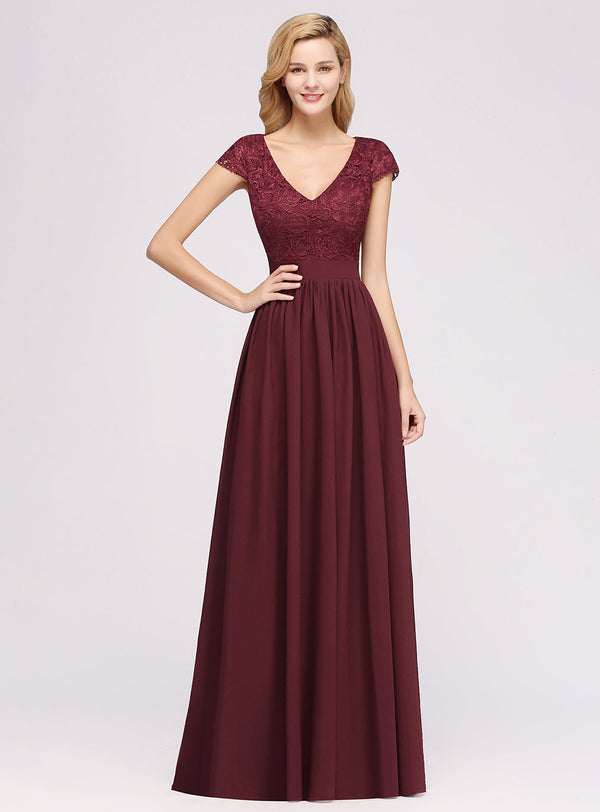 A-line V-Neck Chiffon Floor-Length Dress Burgundy with Lace Appliques-koscy