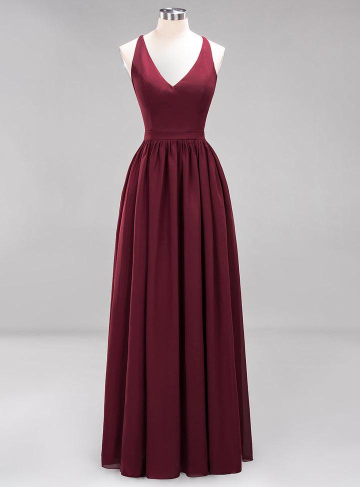 A-line V-Neck Chiffon Floor-Length Dress Sleeveless-koscy