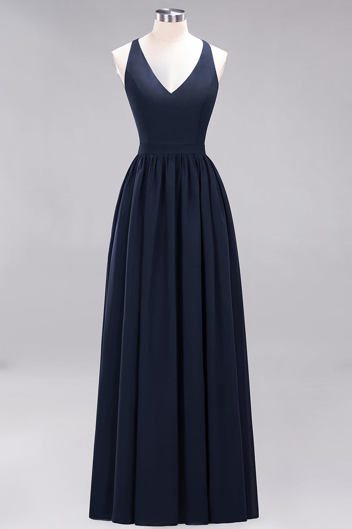 A-line V-Neck Chiffon Floor-Length Dress Sleeveless-koscy