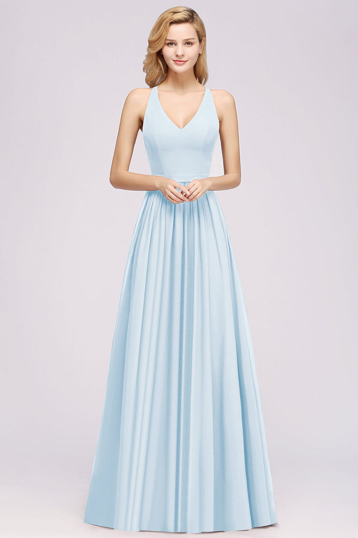 A-line V-Neck Chiffon Floor-Length Dress Sleeveless-koscy