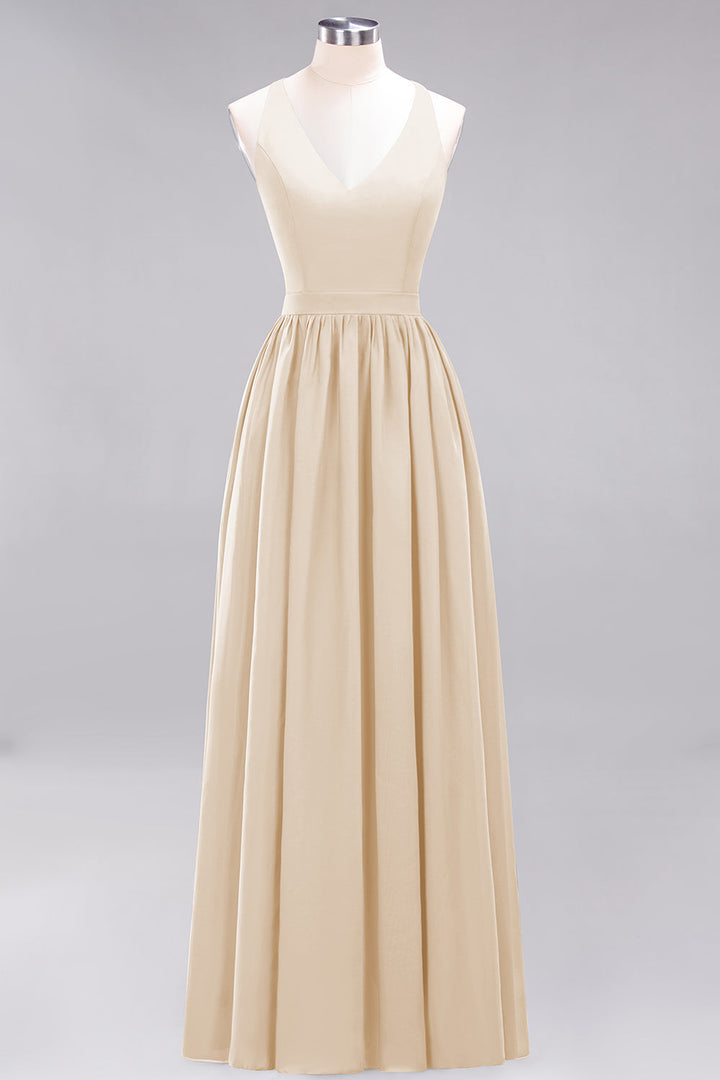 A-line V-Neck Chiffon Floor-Length Dress Sleeveless-koscy