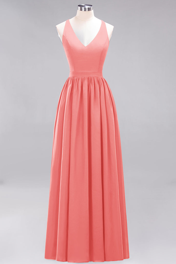 A-line V-Neck Chiffon Floor-Length Dress Sleeveless-koscy