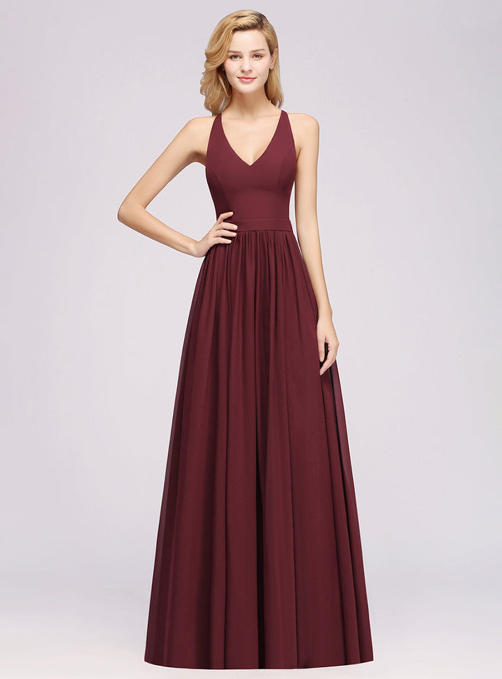 A-line V-Neck Chiffon Floor-Length Dress Sleeveless-koscy