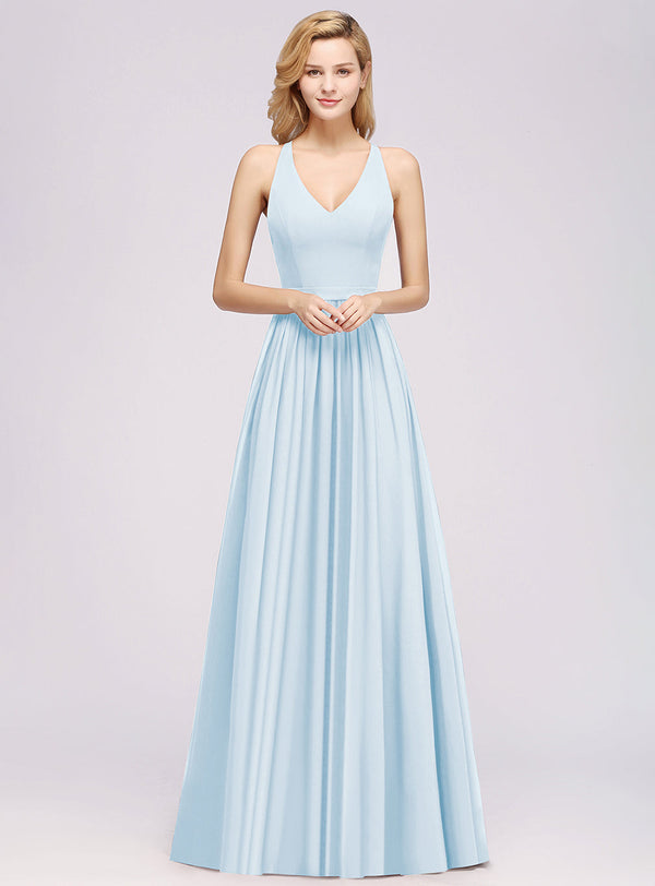 A-line V-Neck Chiffon Floor-Length Dress Sleeveless-koscy