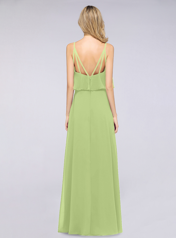 A-line V-Neck Chiffon Floor-Length Dress with Spaghetti Straps-koscy