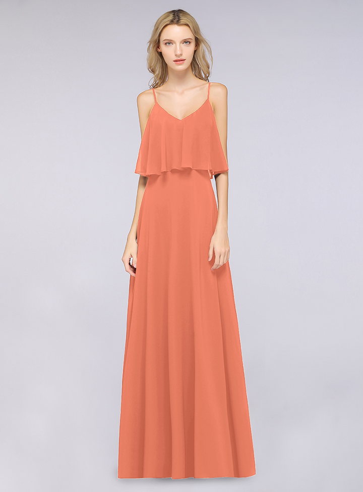 A-line V-Neck Chiffon Floor-Length Dress with Spaghetti Straps-koscy