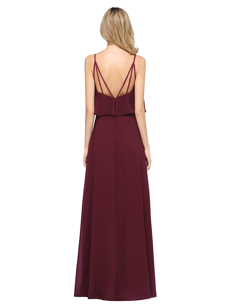 A-line V-Neck Chiffon Floor-Length Dress with Spaghetti Straps-koscy