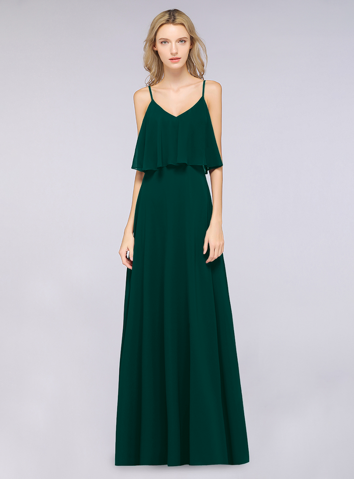 A-line V-Neck Chiffon Floor-Length Dress with Spaghetti Straps-koscy