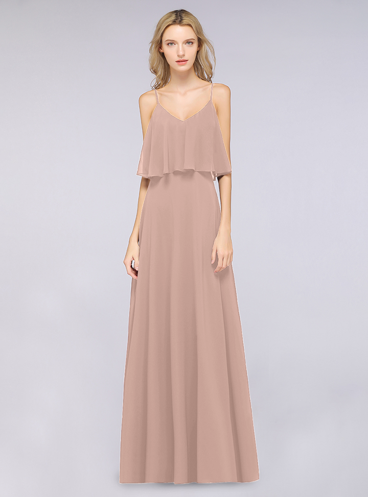 A-line V-Neck Chiffon Floor-Length Dress with Spaghetti Straps-koscy