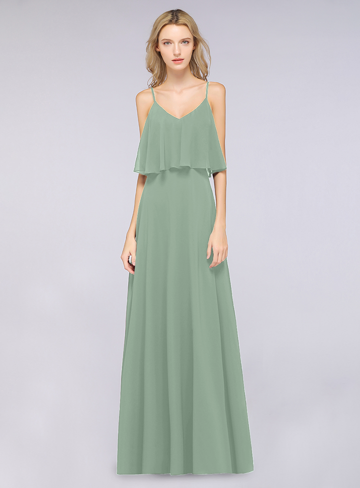 A-line V-Neck Chiffon Floor-Length Dress with Spaghetti Straps-koscy